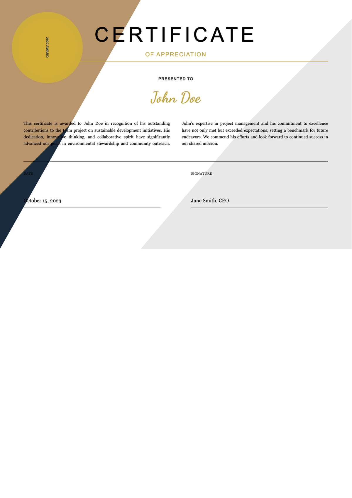 Elegant certificate of appreciation with gold seal and geometric design_variant_1